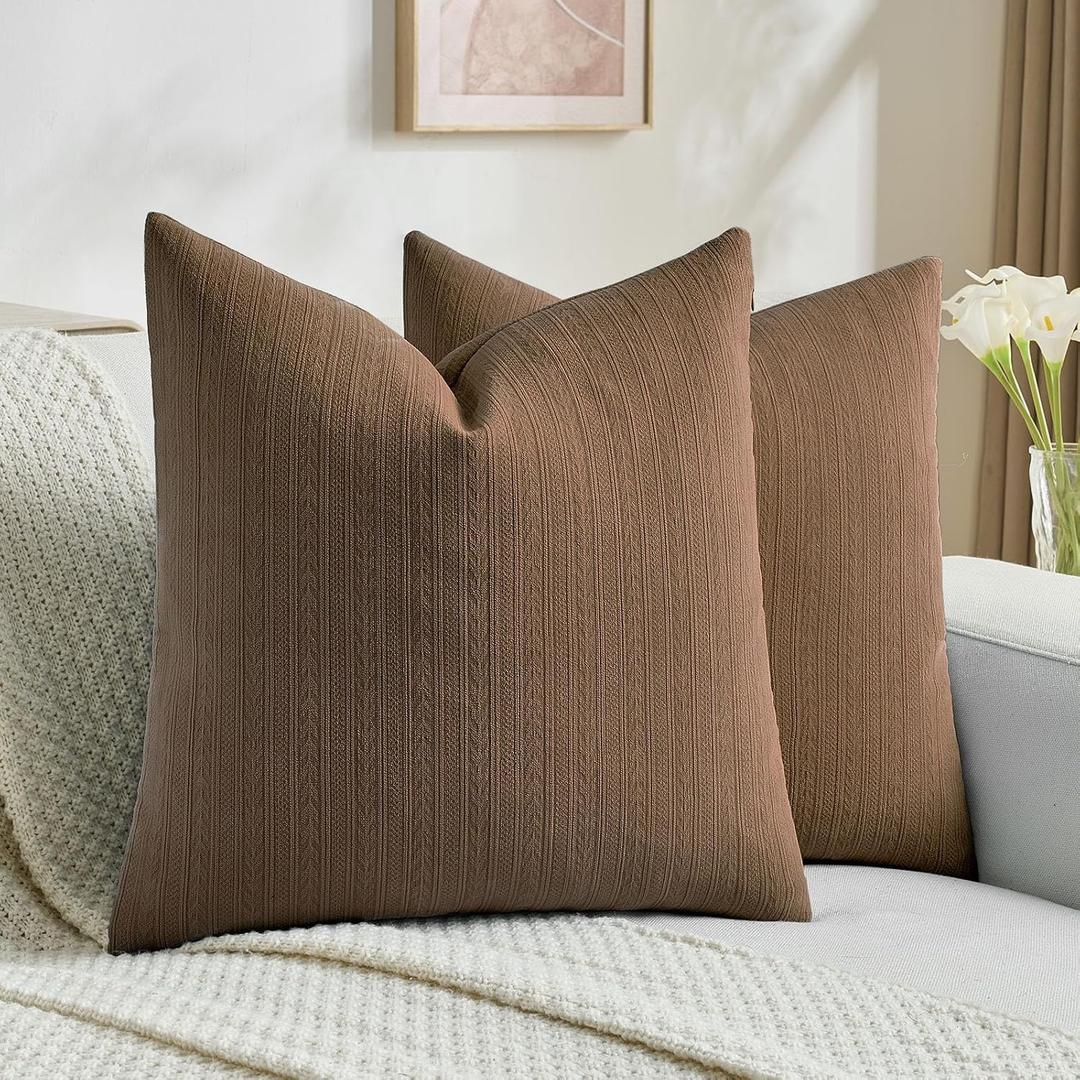 FUTEI Pack of 2 Solid Chenille Throw Pillow Covers 18x18 Inch Soft Cozy Wheat Ear Striped Textured Decorative Cushion Cases Modern Farmhouse Accent for Couch Bed Living Room, Dark Brown