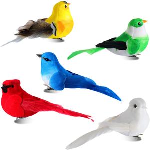 Threan 5 Pcs Artificial Birds Fake Birds Clip on Realistic Bird Ornaments Figurines for Tree Feathered for Spring Easter Party Wreath Craft Yard Garden Home Decor Flower Arrangement, Assorted Colors