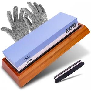 Knife Sharpeners Wetstone Kit with Cut Resistant Gloves (Pair), 1000/6000 Grit Waterstone with Angle Guide Non Slip Rubber Base Holder, Sharpening Stone for Kitchen and Hunting