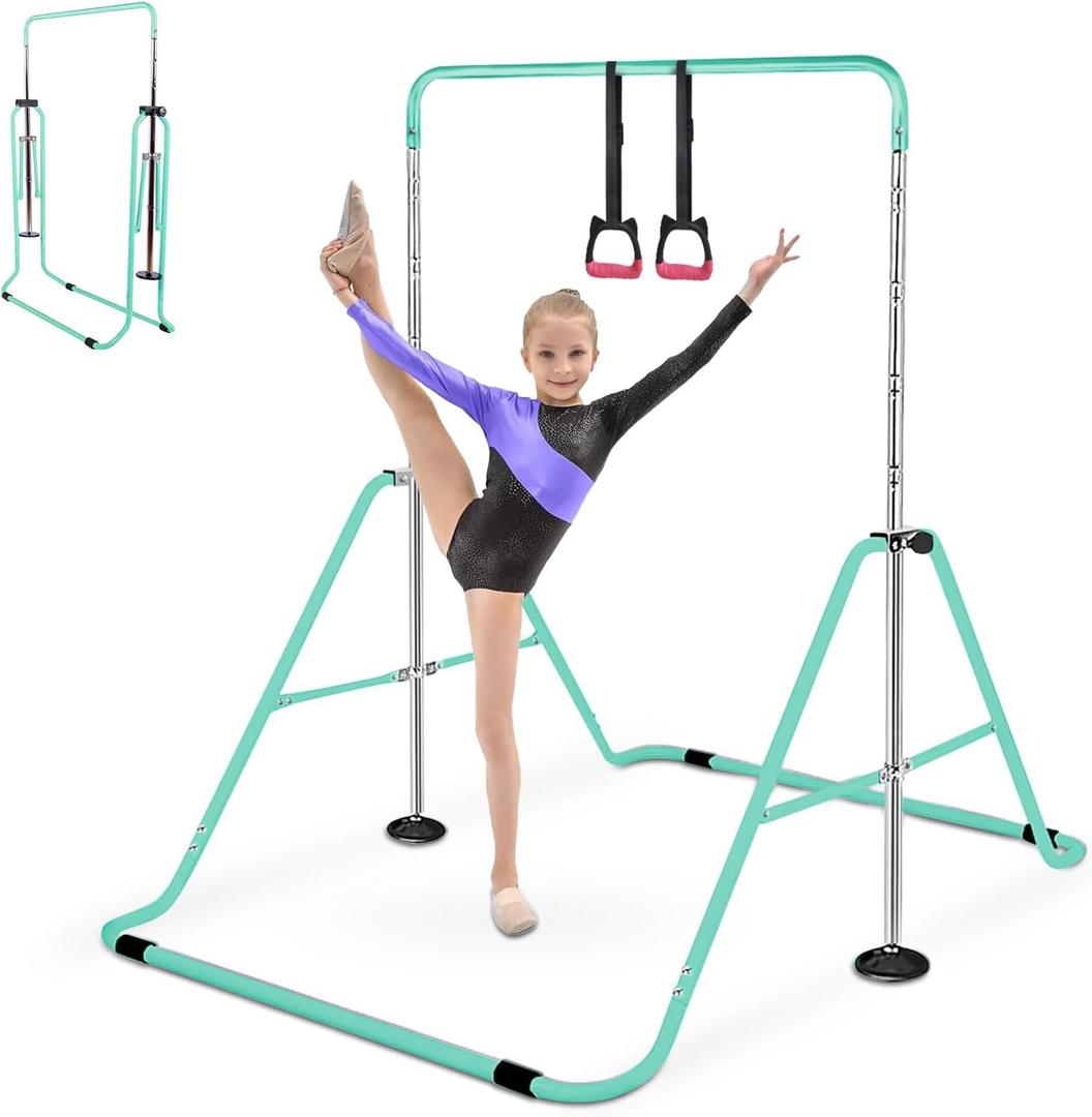 Folding Gymnastics Bar for Kids, Adjustable Height Junior Training Kip Bar, Home Expandable Horizontal Gymnastic Monkey Bars Equipment for Child, Girls, Boys (green)