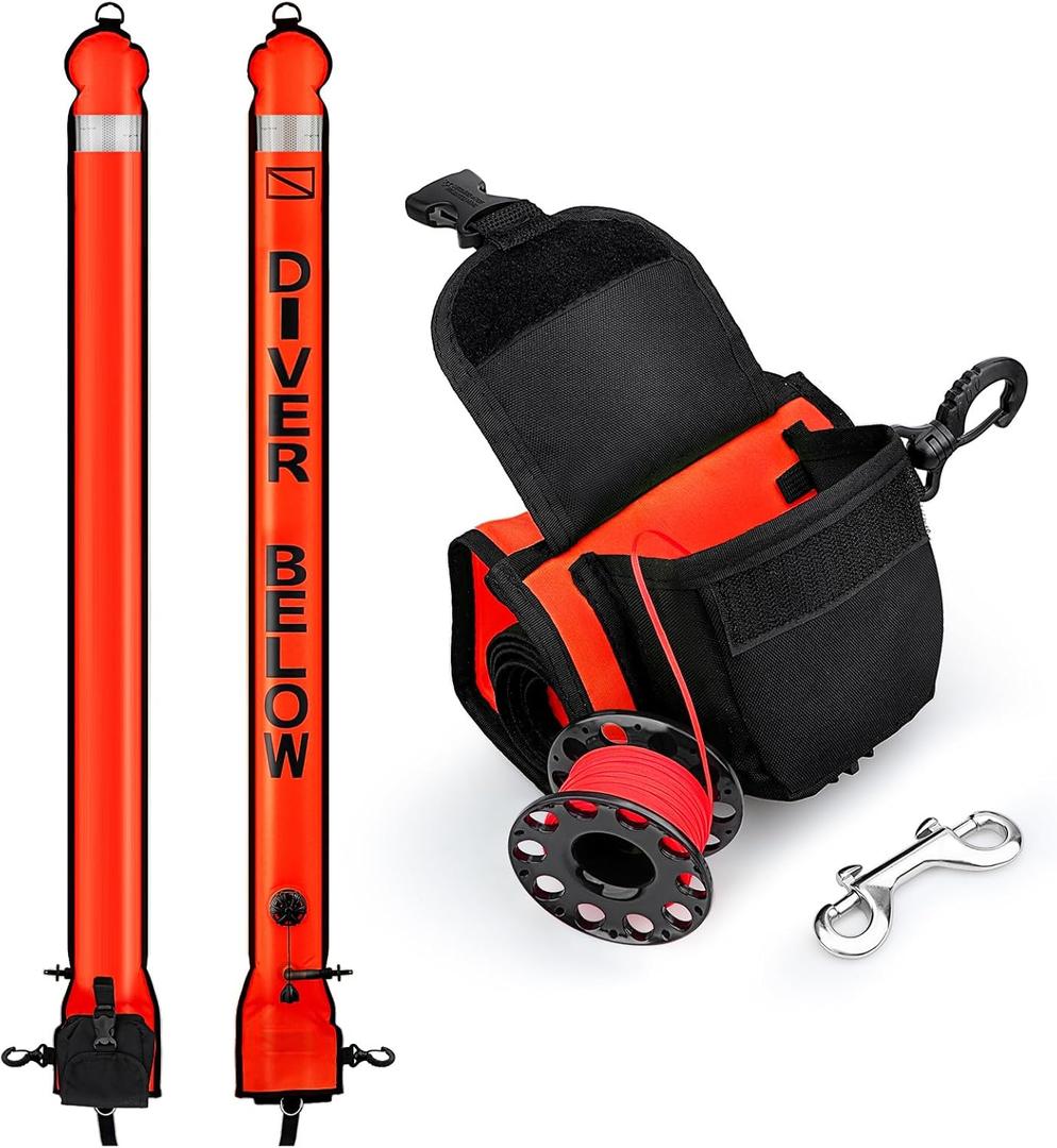 Surface Marker Buoy Scuba with Reel, 5ft High Visibility Diving Open Bottom Signal Tube Safety Sausage with Pouch Bag, 100ft ABS Dive Reel and Steel Double-Ended Bolt Snap (Hi-Vi Red)