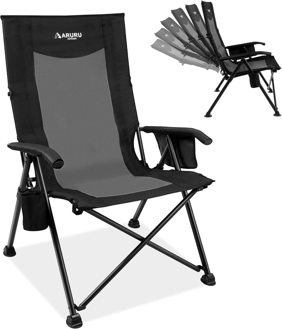 Reclining Camping Chair for Adults Heavy Duty, Folding Recliner Lawn Chairs with 6-Positions Adjustable High Back, Portable Patio Lounge Chairs for Outdoor Poolside Sports Beach