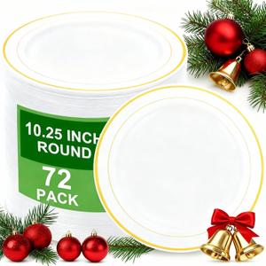 WELLIFE 72PCS Gold Plastic Plate, 10.25Inch Disposable Dinner Plate Party with Gold Rim, Heavy Duty Disposable Plastic Plates for Party, Wedding, Birthday and Christmas