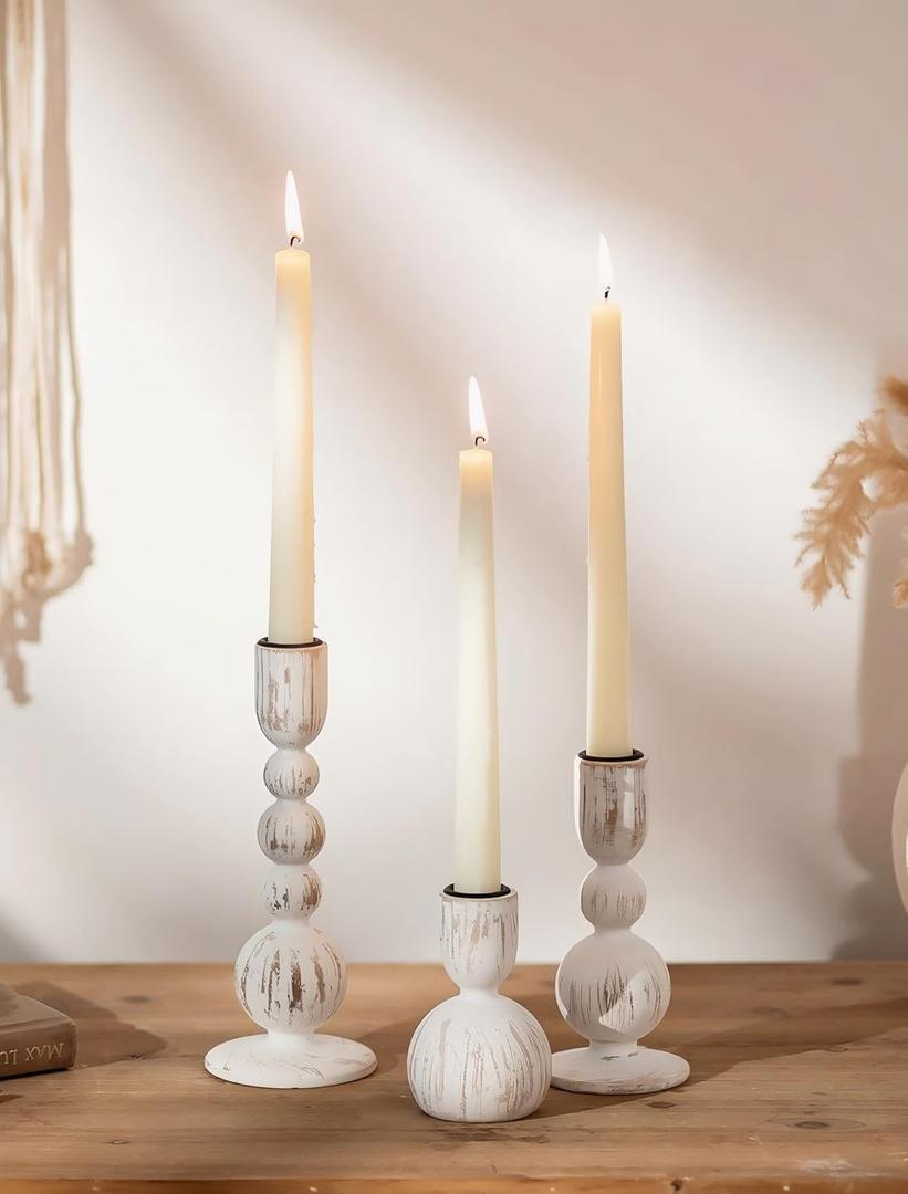 NUPTIO Taper Candle Holders Decor: Set of 3 Wooden Candlestick Holders Mantel Decor - Boho Farmhouse Rustic White
