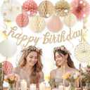 Boho Pink Happy Birthday Decorations for Women Girls, Pre-Strung Happy Birthday Banner with Honeycomb Balls, Paper Flowers, Lanterns, Fans, Hanging Swirls, Circle Dots Garland for Party 24pcs
