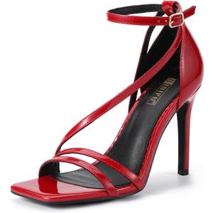 IDIFU IN4 Strappy Heels for Women Sexy High Stiletto Square Open Toe Heels Dress Shoes for Women Dressy Wedding Prom Bridal Bridesmaid Shoes Ankle Strap Heeled Sandals Comfortable Cute Trendy Heels (6, Red Patent)