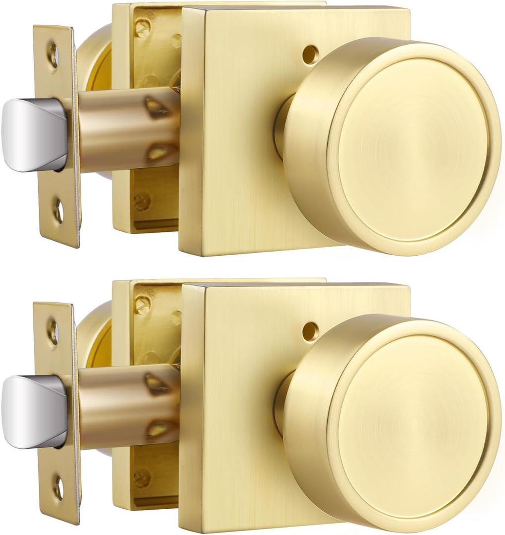 Haidms Brushed Gold Door Knobs Interior, Zinc-Alloy Privacy Door Knobs for Bedroom Bathroom, Square Modern Interior Door Lock Heavy Duty (2 Pack)