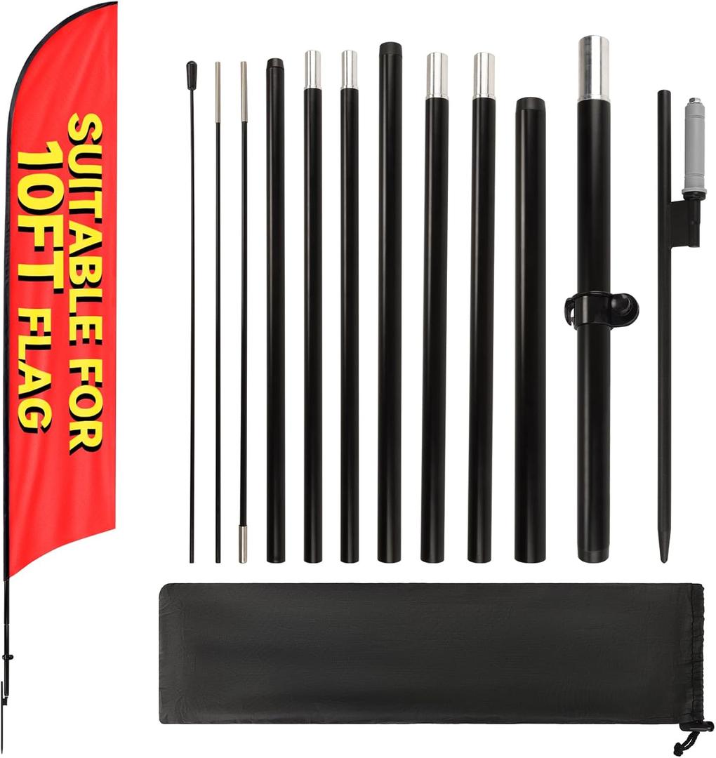 1 Sets 12FT Heavy Duty Feather Flag Pole Kit for 10FT Swooper Flags, Portable Reinforced Aluminum Banner Pole with Rotating Ground Stake, Ideal for Outdoor Advertising, Storefronts (12FT, 1 Sets)