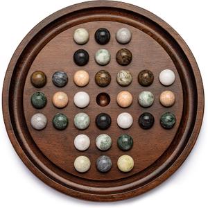Deluxe Solitaire Game Set: 12.6'' Solid Wooden Board, 32 Natural Marble Balls, Single-Player Strategy and Smart Games