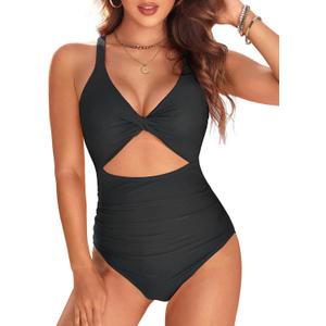 Tempt Me Women One Piece Swimsuits Tummy Control Cutout Bathing Suits Ruched V Neck Twist Front Swimwear (Large, Black 1)