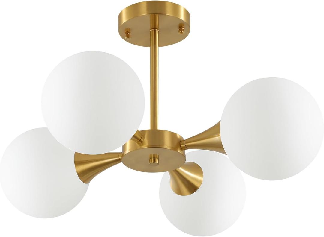 KCO Lighting Modern Globe Ceiling Light Gold Semi Flush Mount Sputnik Chandelier Mid Century Frosted Glass Ceiling Lamp for Living Room Dining Room Bedroom (4-Light), 4 Heads