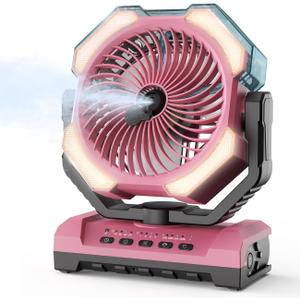 Misting Fan - Pink Portable Rechargeable Fan with 9oz Water Tank, Light, Hook - Versatile, 120H MAX Cooling, Last 5H Mist, 4 Speed, Sleep Mode - Outdoor Fans for Camping, Travel, Patios, Large