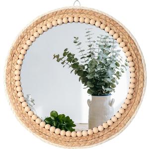 Boho Round Hanging Rattan Circle Nursery Mirror, Decorative Wall Decor for Farmhouse Bathroom Bedroom Living Room, Kids Girls Room, Foyer Home Wall Decor (15 inch)