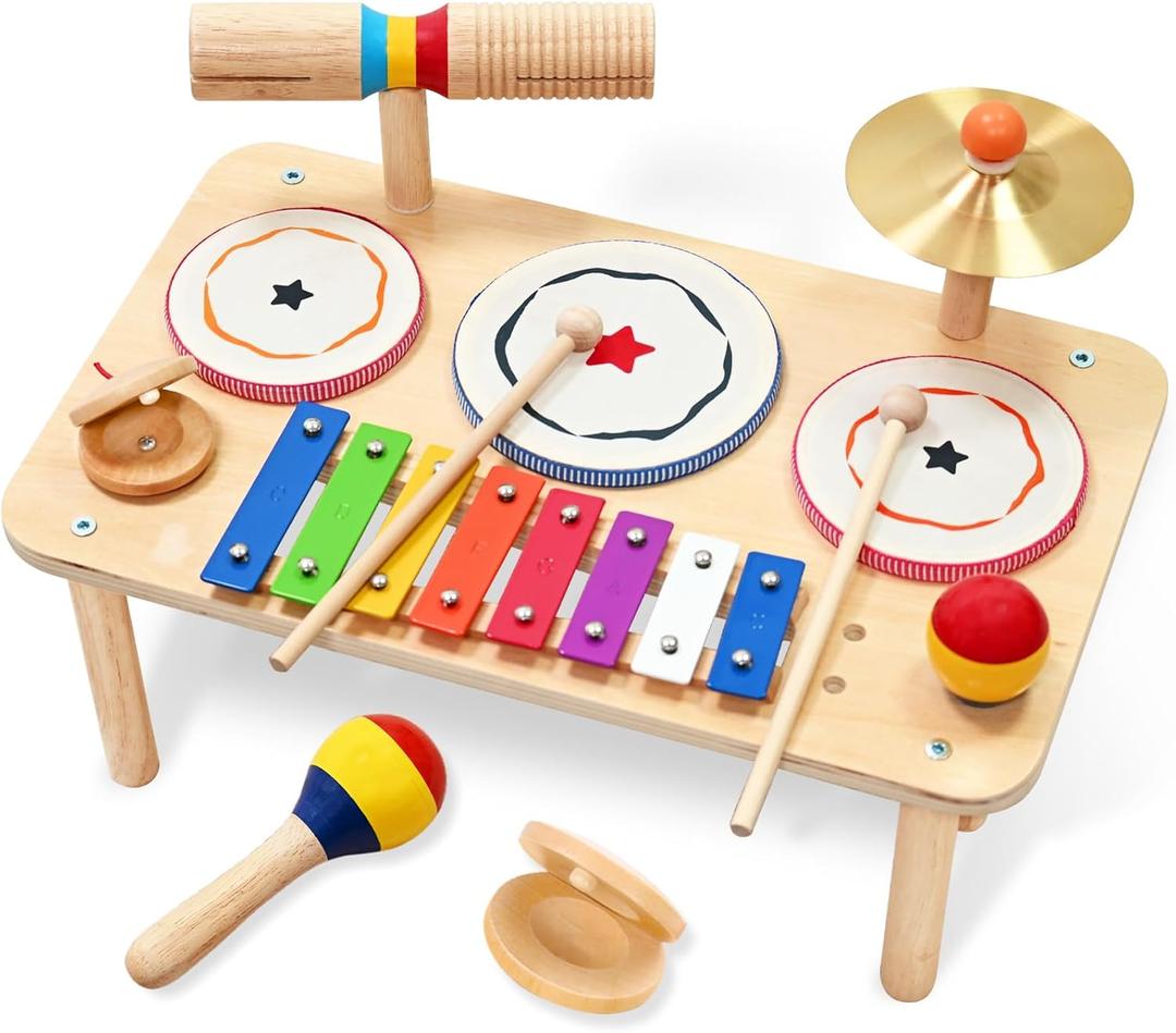 WINYGZ 9-in-1 Baby Drum Set, Low Noise Montessori Musical Instruments for Toddlers 1-3, Safe & Durable Wooden Music Toys for Quiet Sensory Play at Home, Great Birthday for Boys Girls