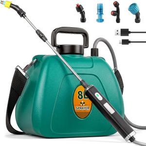 Battery Powered Garden Sprayer 2 Gallon, 7.4V High Pressure Rechargeable Weed Sprayer with 3 Pressure Mode, 5 Spray Nozzles, Telescopic Wand, Battery Indicator, Adjustable Strap for Lawn Garden, Green