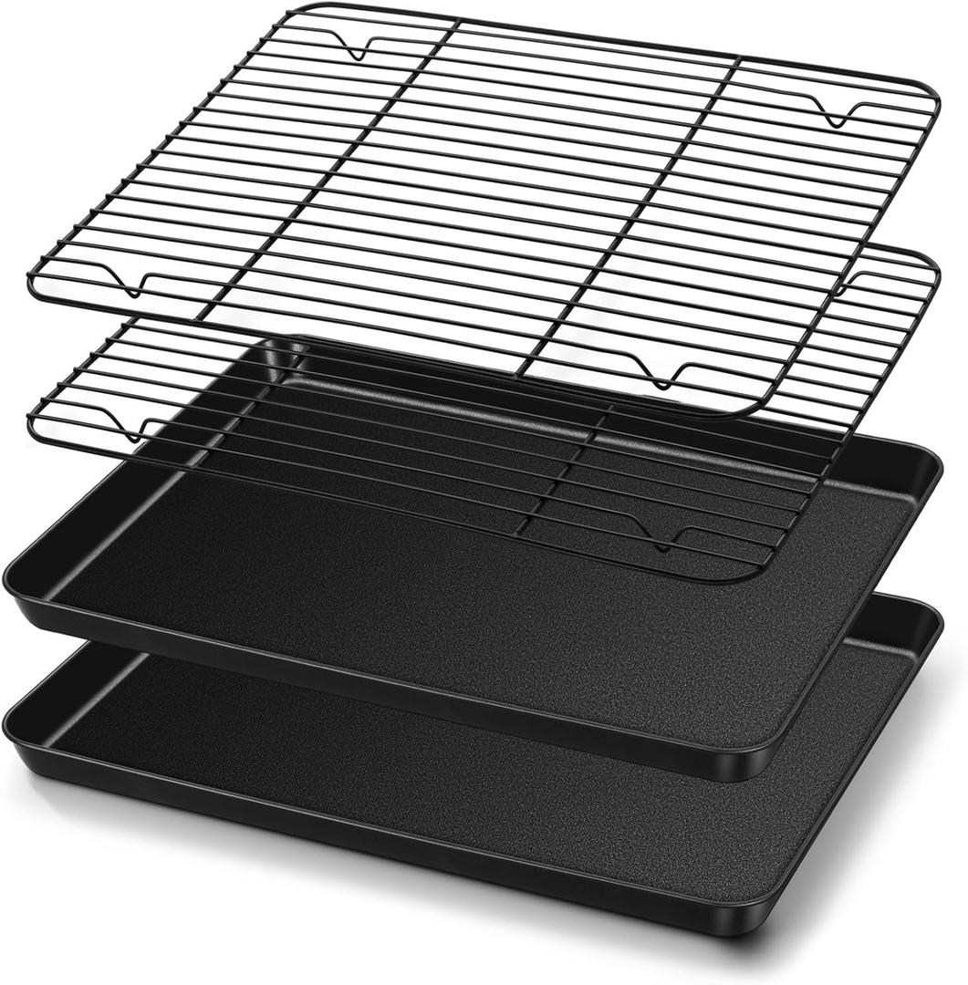 TeamFar Baking Sheet with Rack Set, 16 x 12 x 1 Nonstick Cookie Baking Pan Tray with Cooling Rack, for Baking/Roasting/Cooling, Healthy & Heavy-Duty, Easy Clean, Set of 4
