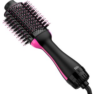 Dual Voltage Hair Dryer Brush with Negative Ion Antifrizz Styler Hot Air Volumizer for 110V120V/220V240V European and Travel Use( Black/Pink)