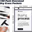 100 Packs Dry-Erase Pockets Bulk Oversized Reusable Dry Erase Pocket Sleeves with 6 Rings, 10x14 Black Ticket Holders, Clear Plastic Sheet Protectors, Teacher School Classroom Supplies
