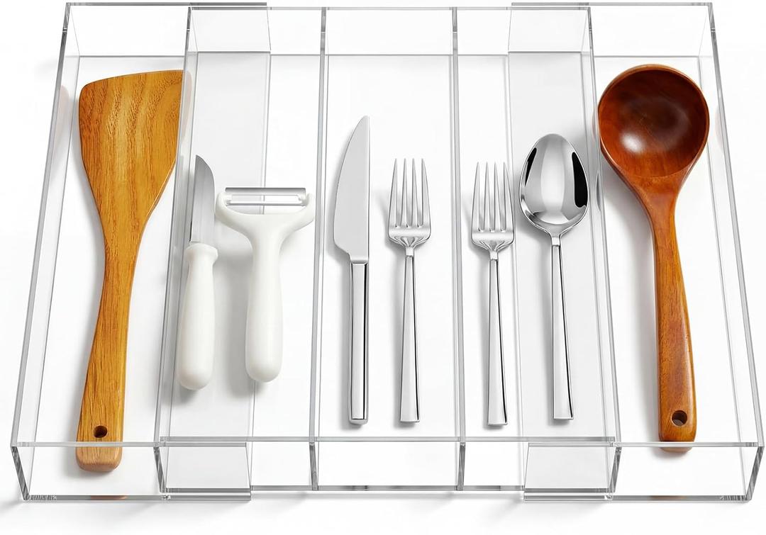 Teenyyou 1 Pack Expandable Kitchen Drawer Organizer Clear Acrylic Utensil Organizer Adjustable Acrylic Silverware Storage for Drawers Silverware Flatware Knives (12 x 16 Inches,3-5 Compartments)