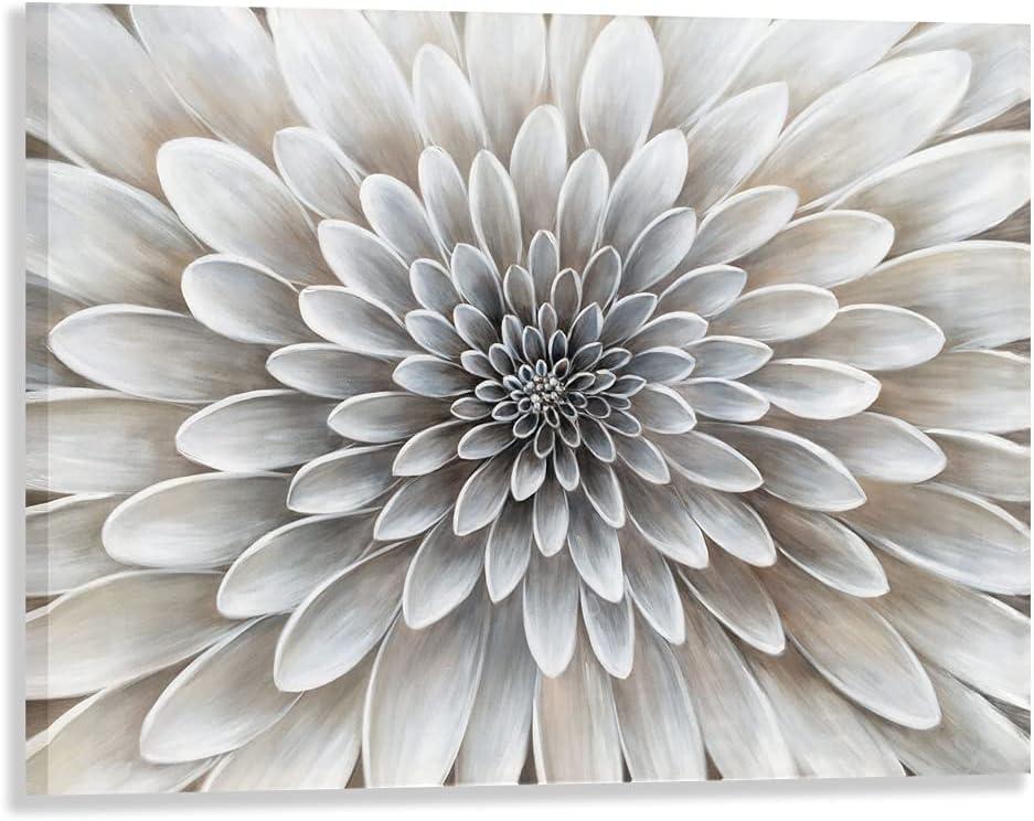 Floral Wall Art in Neutral White Color Modern Abstract Canvas Painting Large Home Decor Framed Boho Artwork Dahlia Flower Picture for Living Room Bathroom Bedroom Home Office