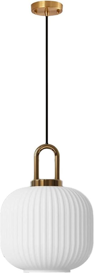 Brikey White Glass Pendant Light with Brass Gold Base, White Ceiling Light Hanging Lamp for Bedside Dining Table Kitchen Island (7.8 inch, White)
