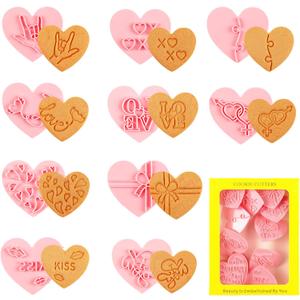 10 Pcs Heart Cookie Cutter Set, 3D Pressable Biscuit Cutter and Stamps, Valentine's Day Cookie Molds Wedding Party DIY Cake Decorating Kit (D)