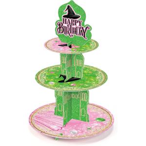 Baderke 3 Tier Pink and Green Cupcake Stand Witch Themed Happy Birthday Decoration Desert Tower Cake Stand with Topper Women Party Cupcake Display Holder Table Centerpiece Supplies