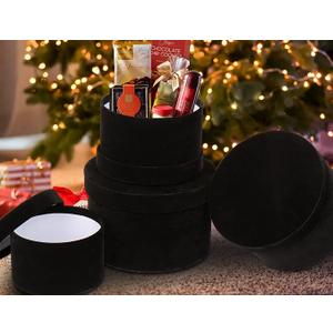 GnFlus Black Gift Boxes with Lids for Presents Set of 3 Round Velvet Nesting Gifts Box for Arrangements Flowers Wedding Birthday Mothers Valentines Day Bridesmaid Christmas Party Anniversary, Black