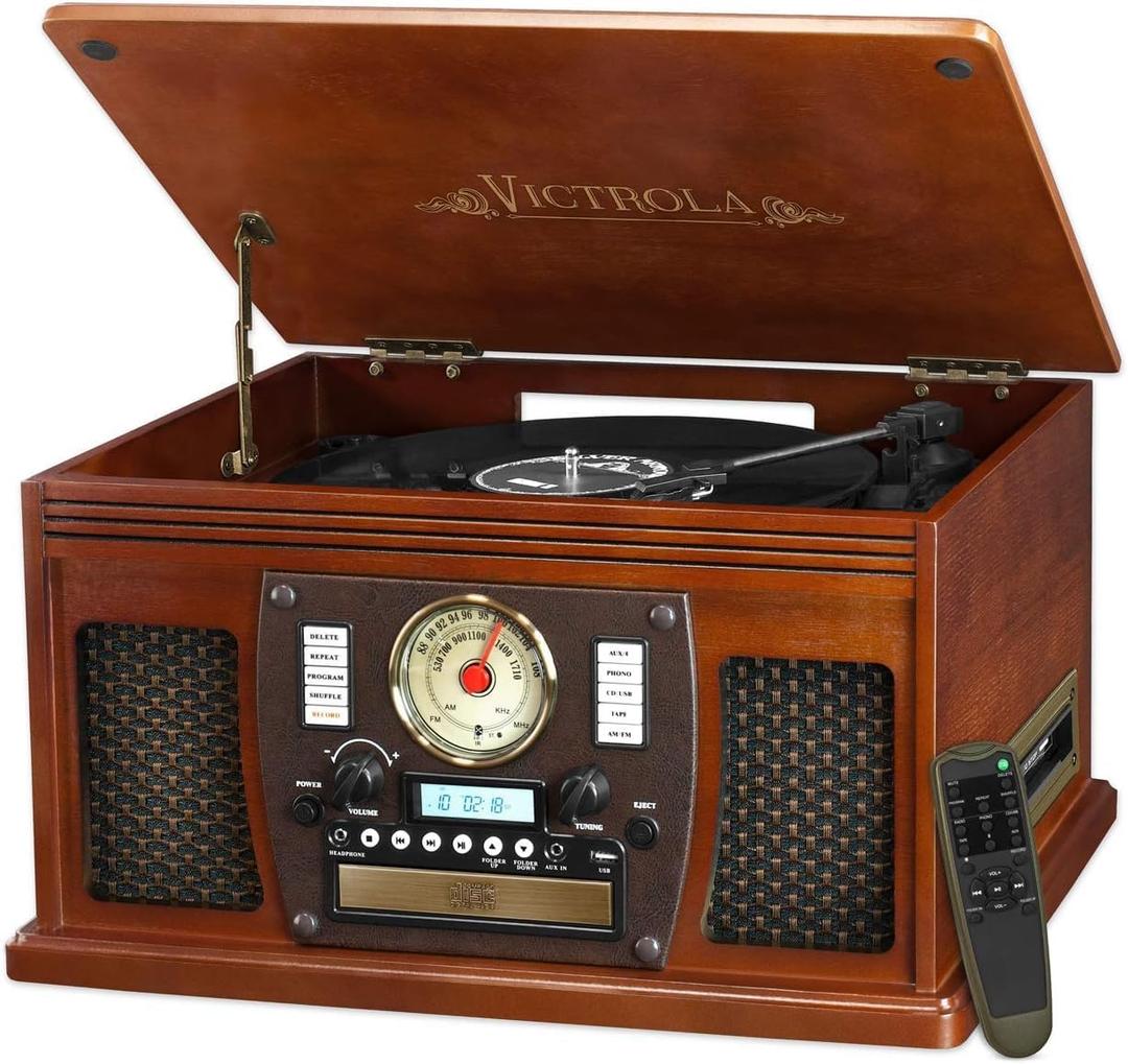 Victrola Navigator 8-in-1 Bluetooth Record Player with Built-in Speakers 3 Speed, CD Player, Cassette, FM Radio, USB, RCA Out, Headphone Jack, Wireless Music Streaming, Real Wood, Mahogany