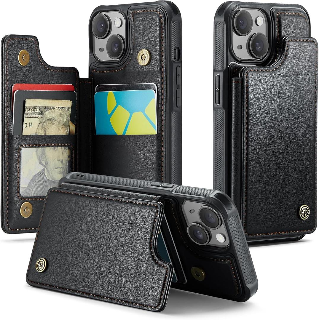 Compatible with iPhone 15 Wallet Case with Card Holder RFID Blocking for Women Men, Double Magnetic Clasp Kickstand Shockproof Phone Case Fit for iPhone 15, Black