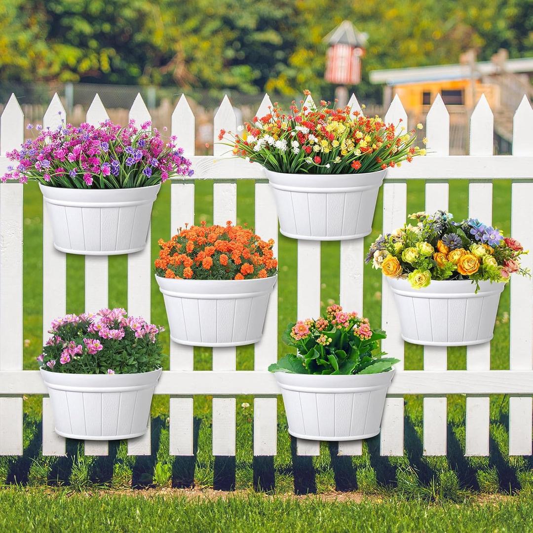 Layhit 6 Pcs Wall Hanging Planters Outdoor Pot Planter Wine Barrel Planter Distressed Oak Thickened Plastic Water Storage Flower Pots for Plants Flower Indoor Outdoor Railing (10 Inches,White)