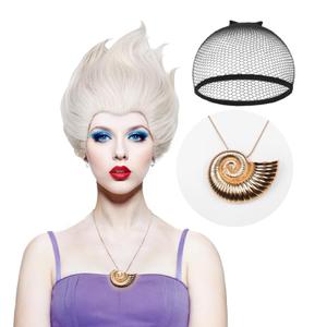 LABEAUT Gray Cosplay Wig for Undersea Witch with Shell Necklace, Women Women Daily Wig for Cosplay Synthetic Hair for Halloween Costume Crazy Party Hair + Cap