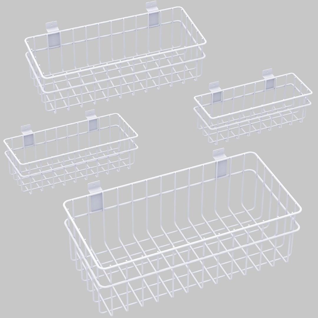 4 Pack Large Slatwall Baskets Set, Ventilated Metal Hanging Storage Slat Wall Basket, Mounted Slatwall Accessories for Garage Storage Organizing Display on Slatwall Panels Bins (White)