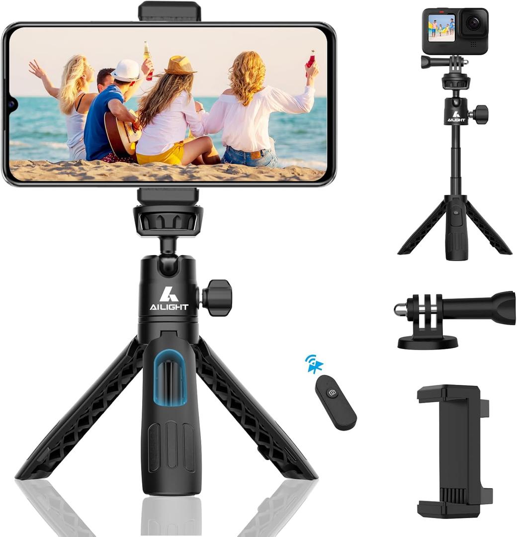 Ailight 11.2" Mini Tripod for iPhone, Portable Extendable Travel Selfie Stick with Wireless Remote, Upgraded Phone Clip Holder & Action Camera Adapter for Cell Phone/Camera (Matte Black)