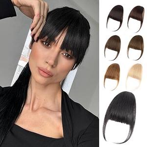 Clip in Bangs, 100% Real Human Hair Dark Brown Fake Bangs Clip in Hair Extensions Wispy Bangs Fringe with Temples Hairpieces for Women Curved Air Bangs for Daily Wear Natural Black