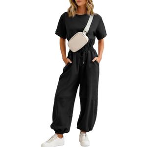 Flygo One Piece Jumpsuits for Women Crewneck Short Sleeve Casual Wide Leg Long Pants Drawstring Rompers Outfits with Pockets (Black, Small)