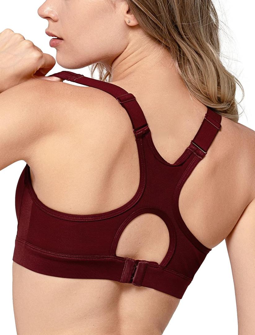 Yvette High Impact Sports Bra for Women High Support Adjustable Straps Running Workout Bra for Large Bust, Burgundy Red, 16B
