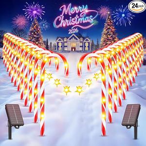 WdtPro 24Pack Upgraded Solar Christmas Candy Cane Lights, Solar Pathway Lights Waterproof, Christmas Decorations Outdoor with 10 Modes and Bright 144 LED for Yard Garden Lawn Patio Party Decor