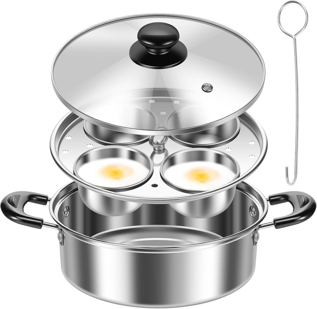 Egg Poacher Pan Stainless Steel Poached Egg Maker with 4 Cups Nonstick Stovetop Egg Cooker Pot for Induction Cooktop (Silver, 1-Pack)