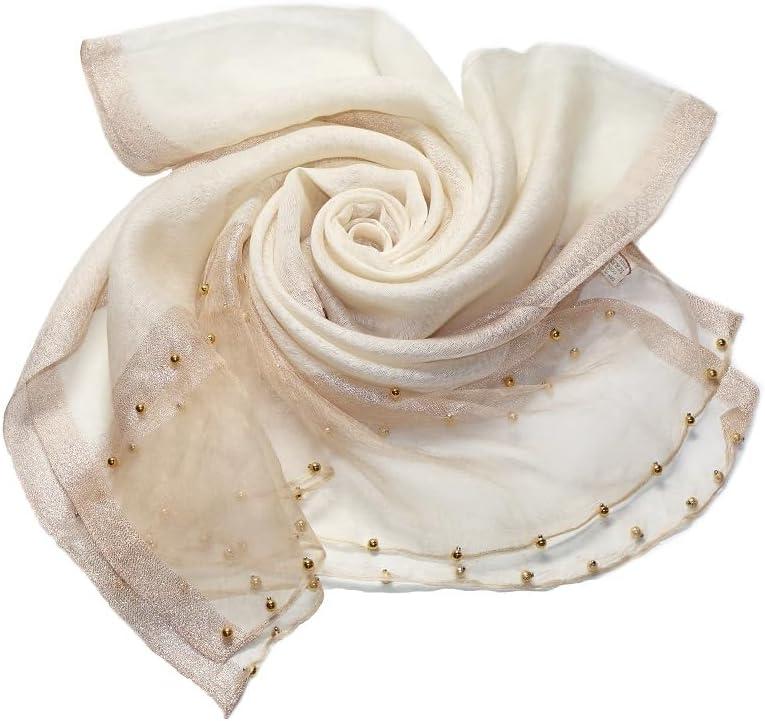 Womens Scarves Lightweight Silk Scarf Shawls and Wraps for Evening Dresses Summer Beach Wedding Shawl gifts (Beige With Pearl)