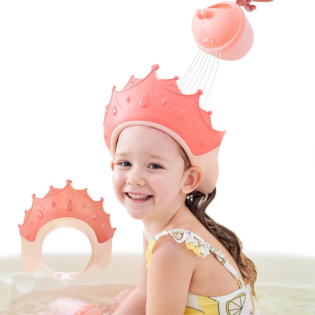 FUSACONY Shower Cap Children, Baby Safe Shampoo Cap, Baby Adjustable Shampoo Protection, Shampoo Protection for Children, Washing Hair without Tears, for 0-9 Years Crown (Red) (Pink)
