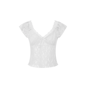 Women's Lace Crop Tops Fashion Cap Sleeve Sweetheart Neck Tie-up Front Slim Fit T-Shirt Summer Blouses M