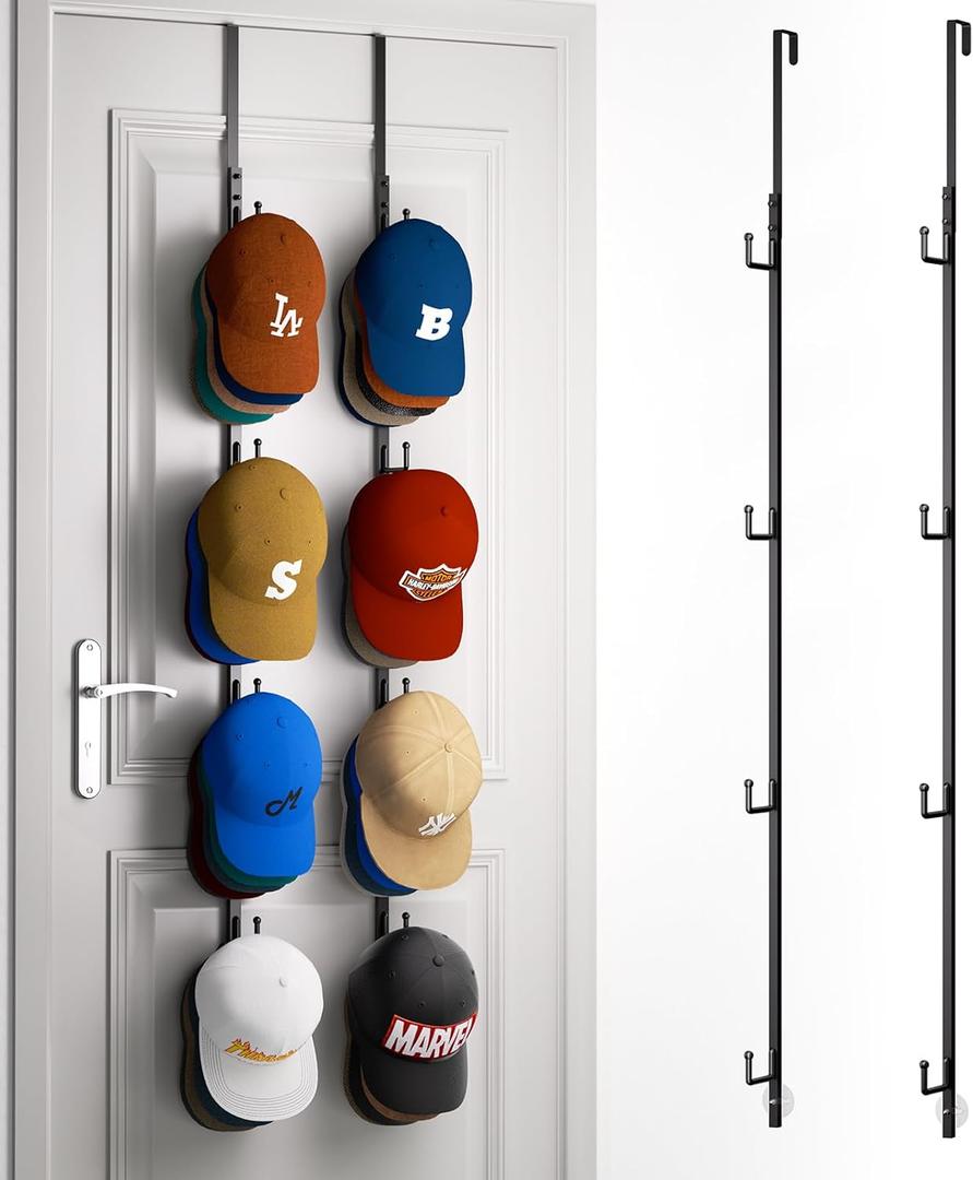 HapiRm Over Door Hat Rack - 2 Packs Hat Holder with 8 Hooks Design, Baseball Cap Organizer Storage Up to 40 Caps for Door, Bedroom, Closet (Black)