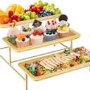 Lifewit 3 Tier Bamboo Serving Tray for Party Supplies, 14" x 6.5" Platters for Serving Food, Reusable Trays with Gold Metal Display Stand for Veggie, Fruit, Cookies, Dessert