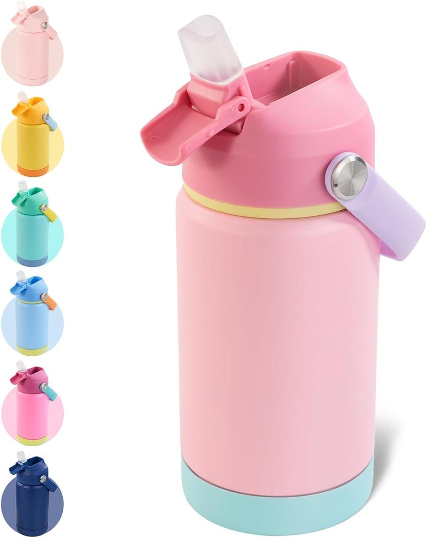 Kerilyn 12oz Insulated Water Bottle, Stainless Steel Insulated Kids Water Bottle, Toddler Cup with Straws Leak-Proof, Kids Water Bottles for School Boys Girls, BPA Free, Charm Pink