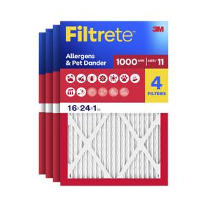 Filtrete 16x24x1 Air Filter, MERV 11, MPR 1000, Allergens & Pet Dander, 3-Month AC and Furnace Filters, Cleaner Air, Reliable Airflow, 4 HVAC Filters (Actual Size 15.68 x 23.68 x 0.81 in)