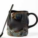 Handmade Ceramic Coffee Mugs, Mugs with Coffee Spoon, 11oz, Handmade Pottery Mug with Handle, Hand-painting, Unique Uneven Surface Tea cups, Dishwasher and Microwave Safe (Coffee Color)