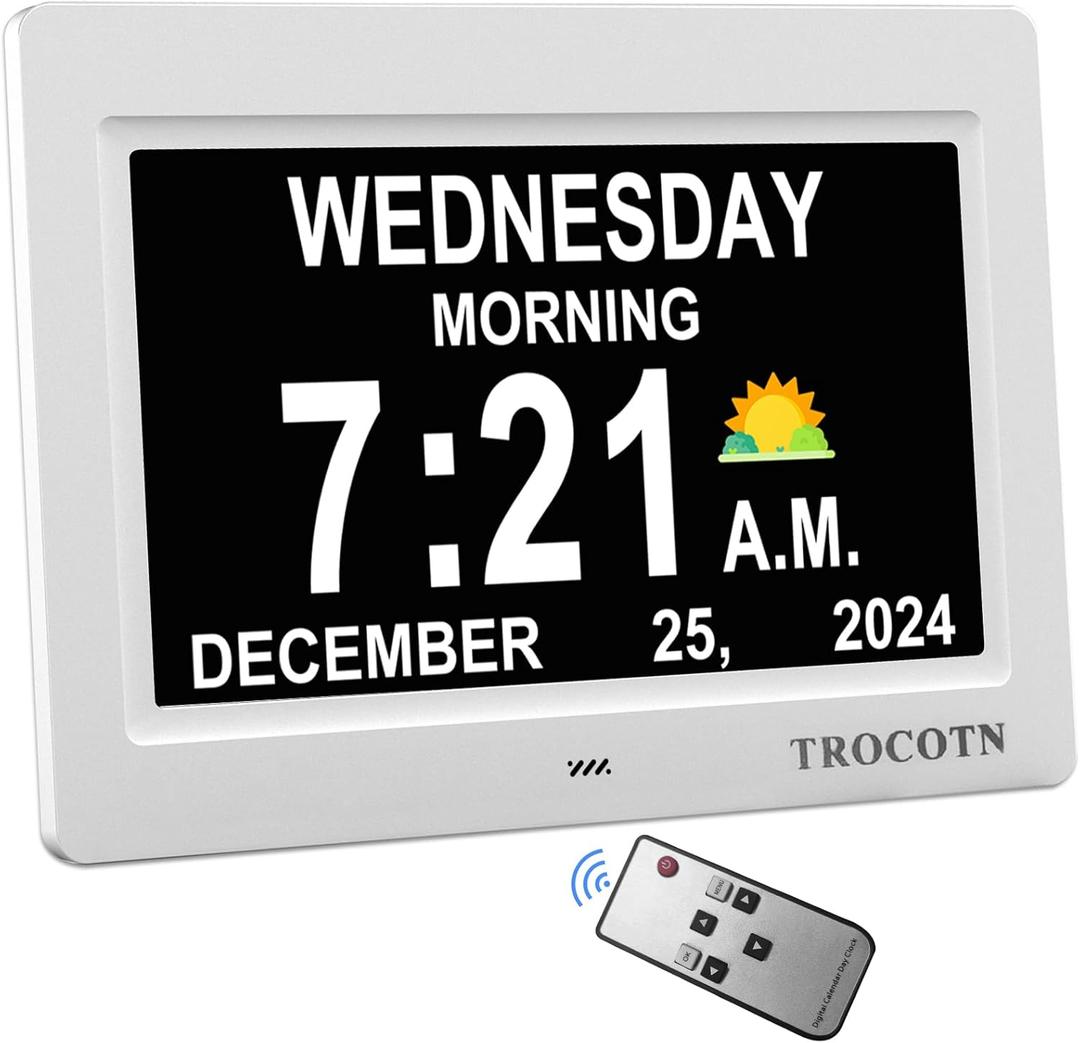 TROCOTN Dementia Clock, Calendar Clock Large Display with Custom Alarms. (7 inch White)