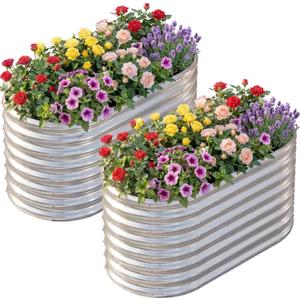 AHEONLAR 2 Pack 4×2×2ft Galvanized Raised Garden Bed Outdoor,Oval Sturdy and Durable Planter Boxes for Vegetables, Fruits, Flowers and Plants, Easy Assembly, Silver