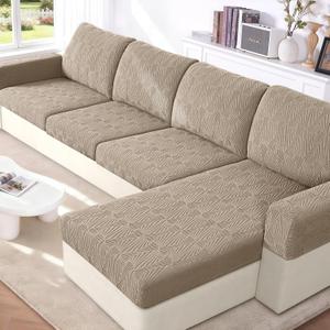 VANSOFY Couch Cushion Covers for Sectional Sofa, Stretch Jacquard Couch Seat Cushion Covers, Individual Washable Furniture Protector Sofa Slipcovers for Pet (3Pc Seater or Back Cover, Khaki) 8.2"D x 7.8"W x 1.9"H